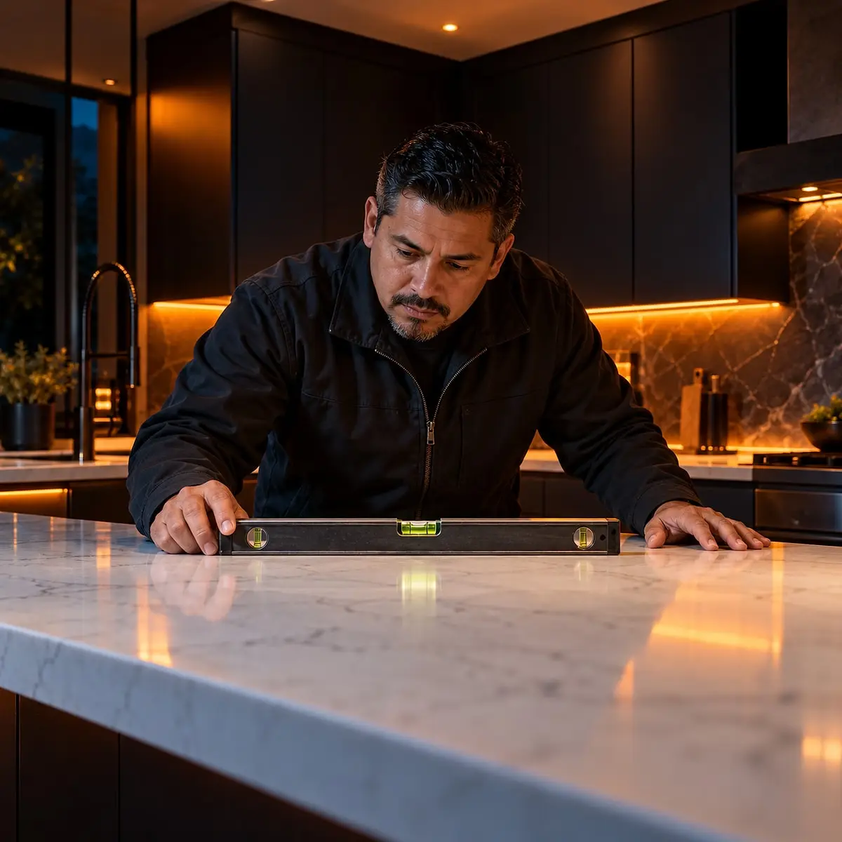 Contratista revisando con un nivel la encimera de una cocina recién remodelada